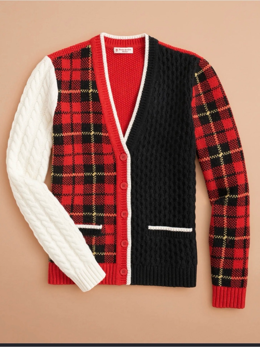 Brooks Brothers Red Black Cream Plaid Cable-Knit Cardigan
